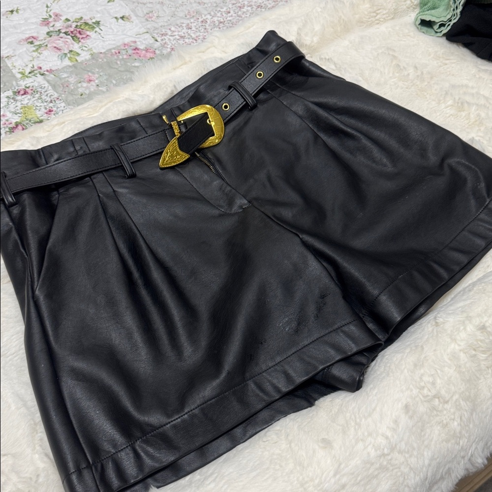 VENUS Black High-Waist Faux Leather Shorts with Gold Buckle Belt - Picture 2 of 6